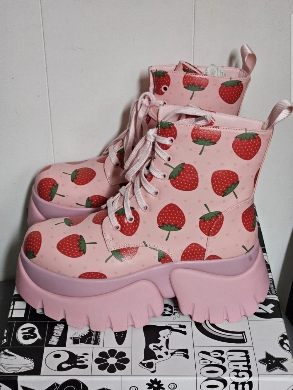 NIB Koi Footwear Pink Strawberry Shortcake Platform Boots Vegan 7 Dolls Kill